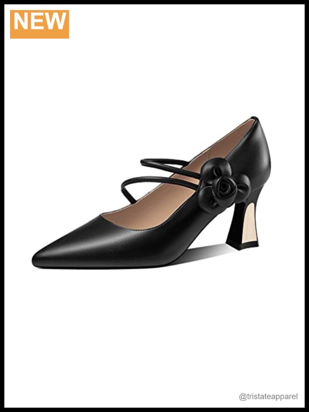 Genuine Leather Pointed Toe Chunky Heel Pumps Handmade Flower Office Party